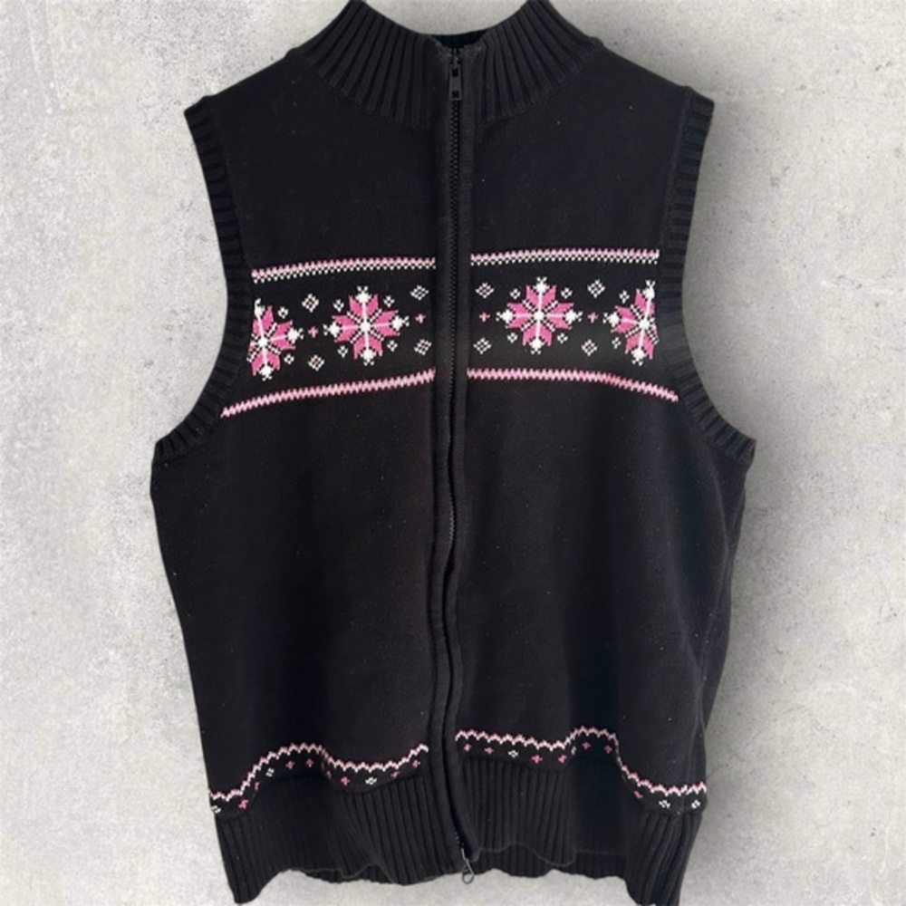C.J. Banks Chic Black Knit Vest Pink & White Winter Pattern Cotton Women’s X